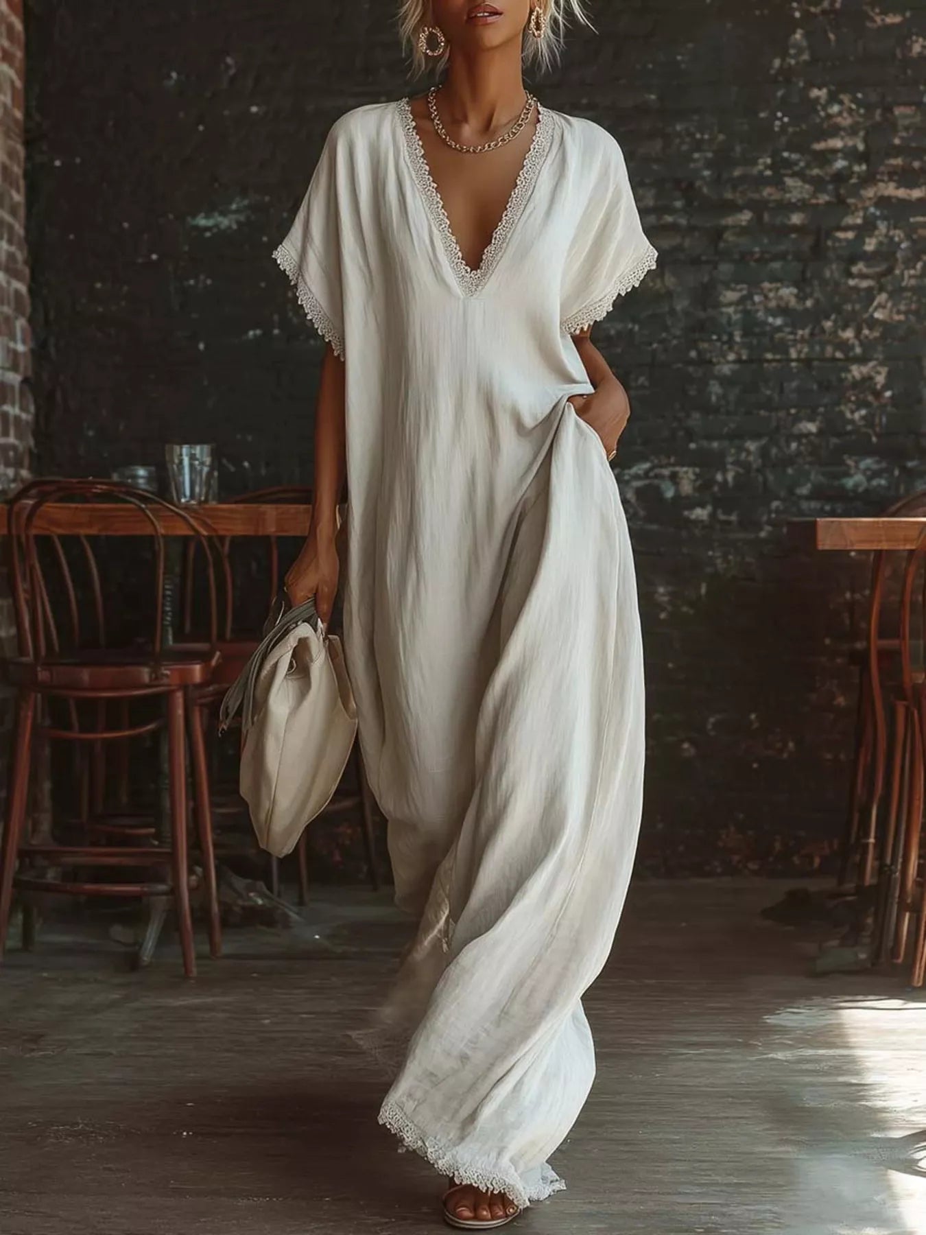 Plus size full-length lace trim V-neck maxi dress by Plush Fashion Hub, featuring elegant lace details and a flowing silhouette.