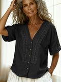 Women's loose-fit faux linen embroidered button-up top by FitiqueFit, featuring casual style with intricate embroidery and relaxed fit.