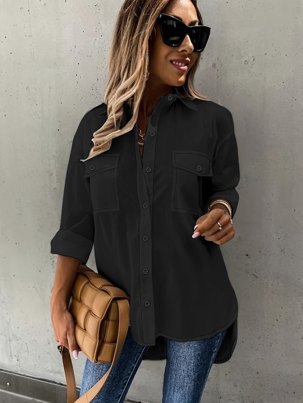 Women’s casual long sleeve shirt with pocket by FitiqueFit, featuring a relaxed fit and simple design for everyday wear.