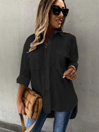 Women’s casual long sleeve shirt with pocket by FitiqueFit, featuring a relaxed fit and simple design for everyday wear.