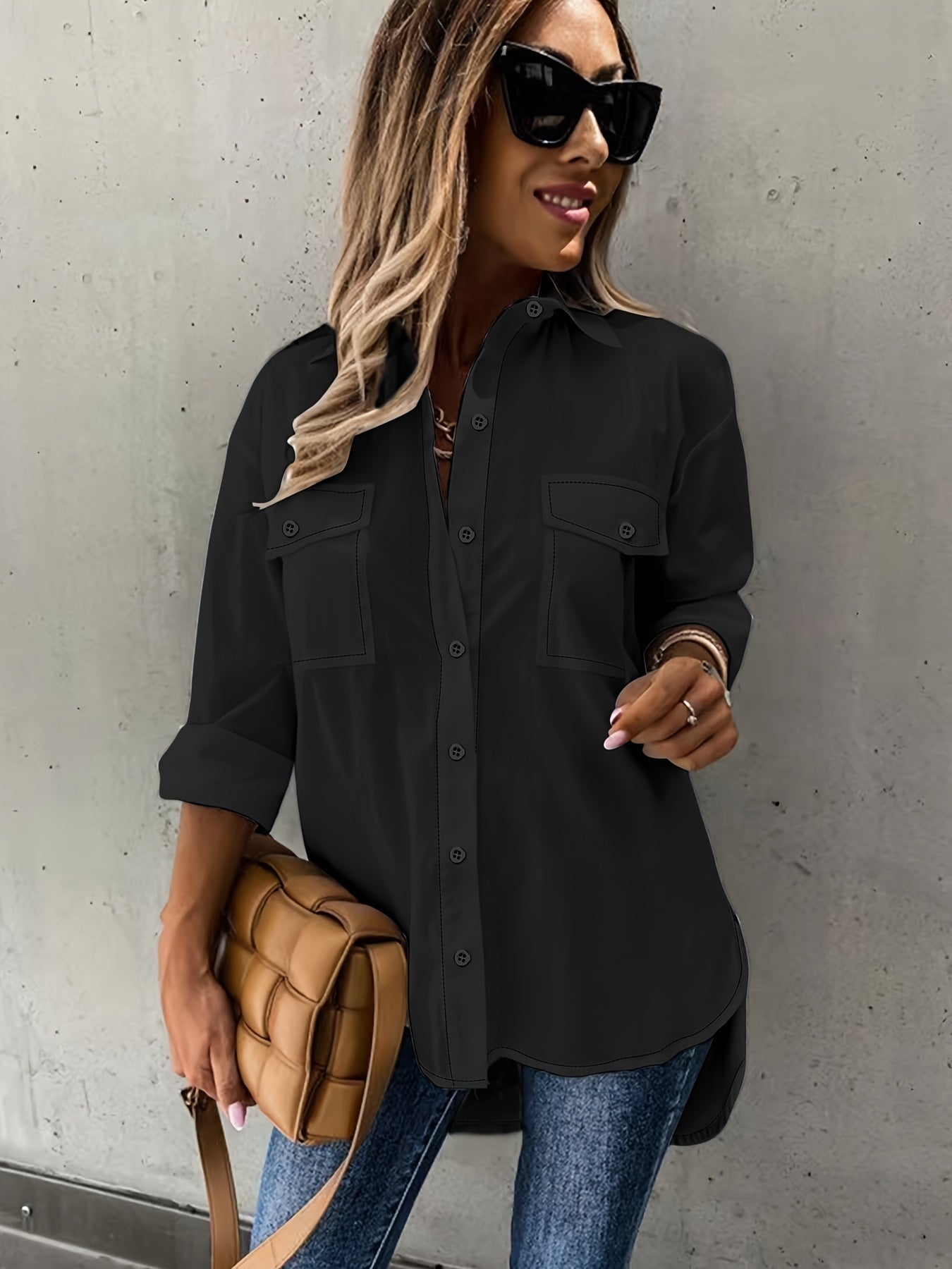 Women’s casual long sleeve shirt with pocket by FitiqueFit, featuring a relaxed fit and simple design for everyday wear.