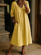Women's V-neck casual dress with lace trim from Plush Fashion Hub, loose fit, available in 7 colors, shown in a relaxed fit style.