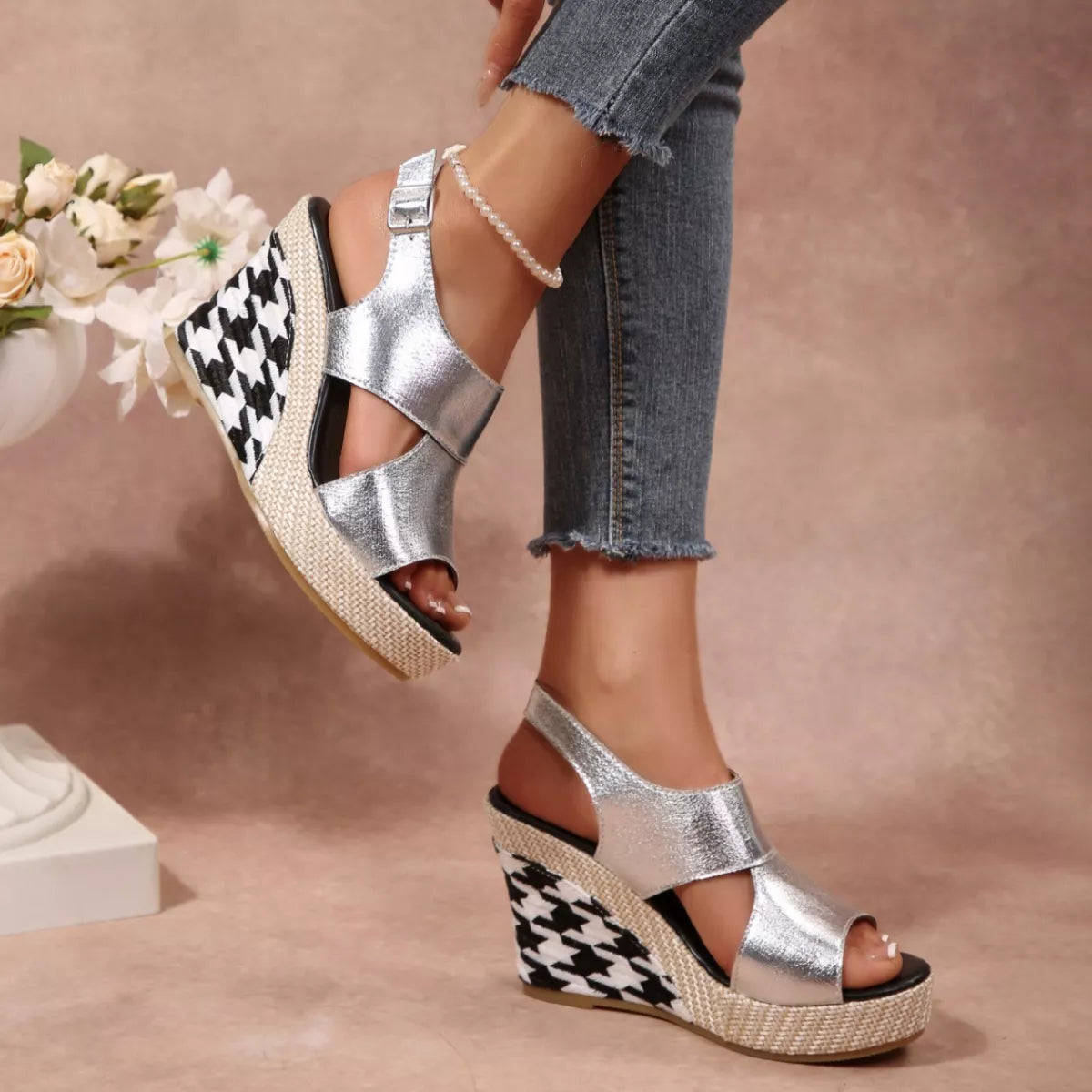 Open toe wedge sandals by Shopimist featuring beige straps and a cork wedge heel, perfect for summer casual wear.