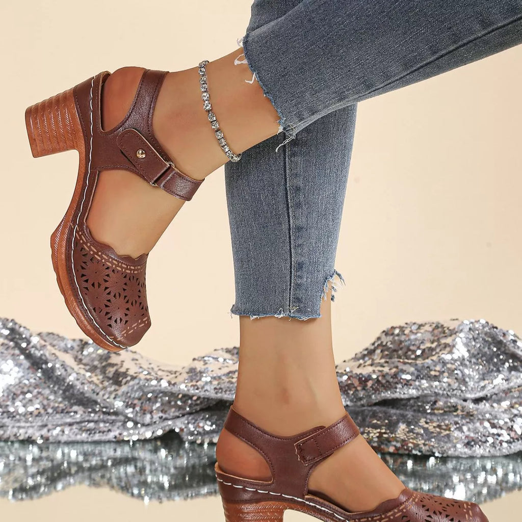 Shopimist round toe block heel sandals with open toe design and sturdy block heel, perfect for stylish, comfortable summer wear.