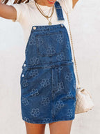 VYSN flower wide strap denim overall dress with pockets, featuring a casual sleeveless style and floral print detail.