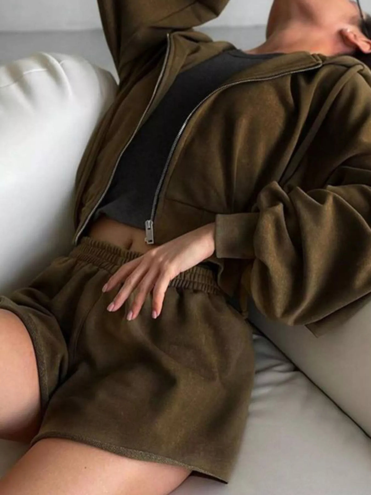 Zip-up long sleeve outerwear and shorts set by Plush Fashion Hub, featuring comfortable shorts and a matching zip-up top.