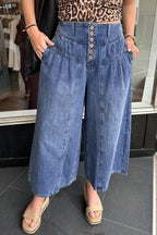 High-waisted wide-leg cotton denim jeans from Plush Fashion Hub with button fly, classic blue wash and relaxed fit.