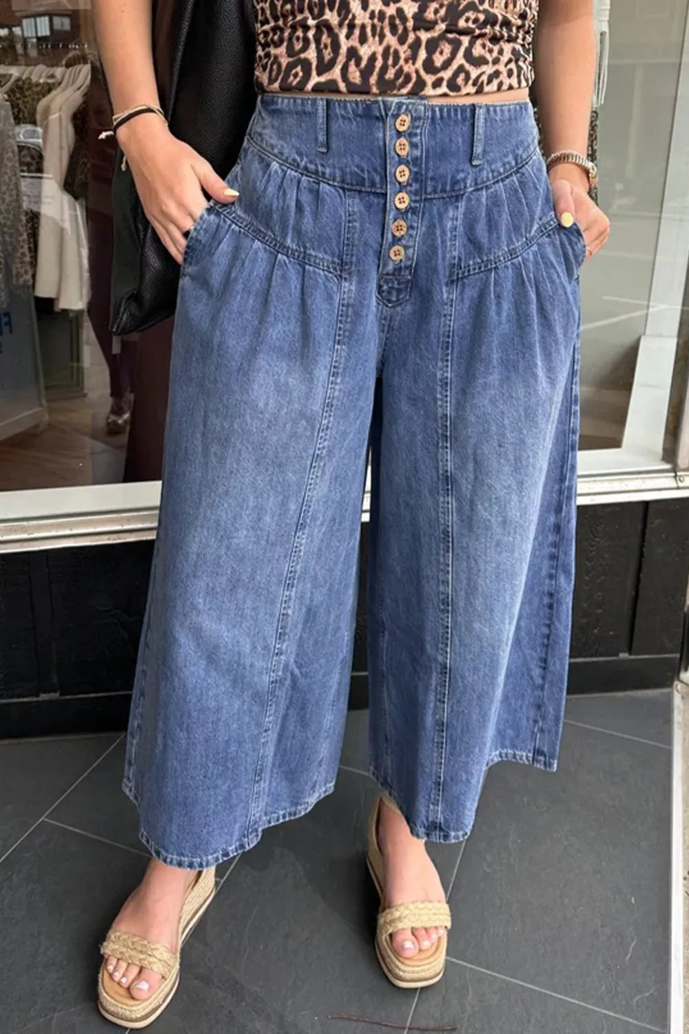 High-waisted wide-leg cotton denim jeans from Plush Fashion Hub with button fly, classic blue wash and relaxed fit.