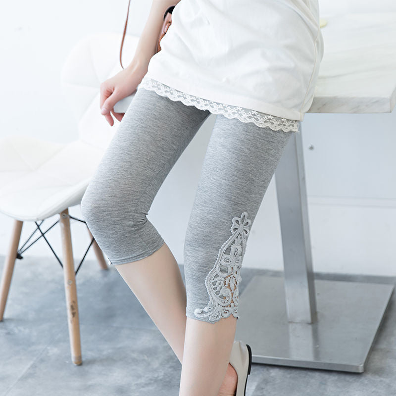 Women’s lace trim stretch leggings from Plush Fashion Hub, stylish activewear with lace detailing and comfortable fit.