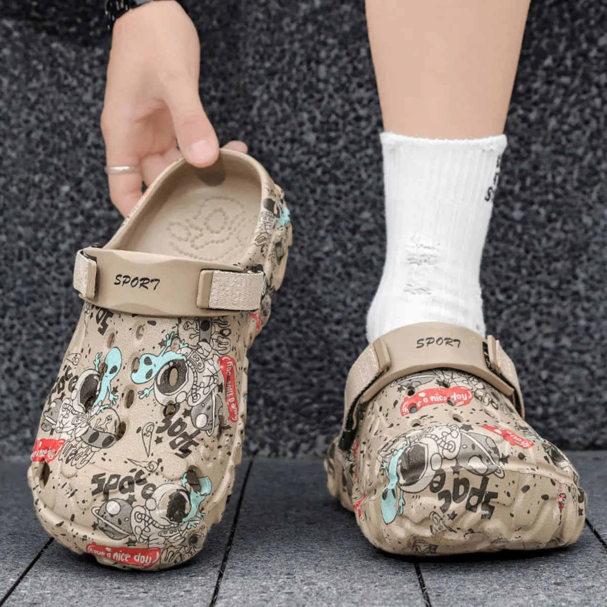 Men's printed platform sandals by Plush Fashion Hub featuring bold patterns and chunky soles, perfect for casual summer wear.