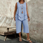 Casual solid-colored sleeveless top and cropped pants two-piece set from Plush Fashion Hub, displayed on a neutral background.