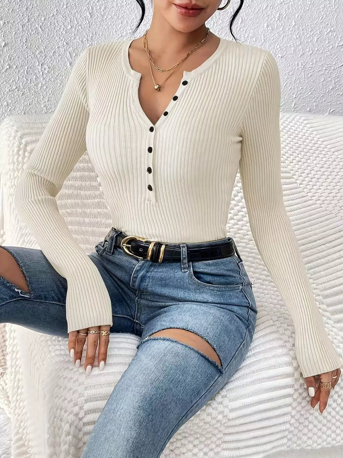 Ribbed knit button-front top by Simply Love featuring a fitted design and textured ribbed fabric in a neutral color.