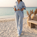 FitiqueFit wide-leg pants and lace-up top two-piece set in solid color, featuring a stylish, comfortable design in multiple colors.
