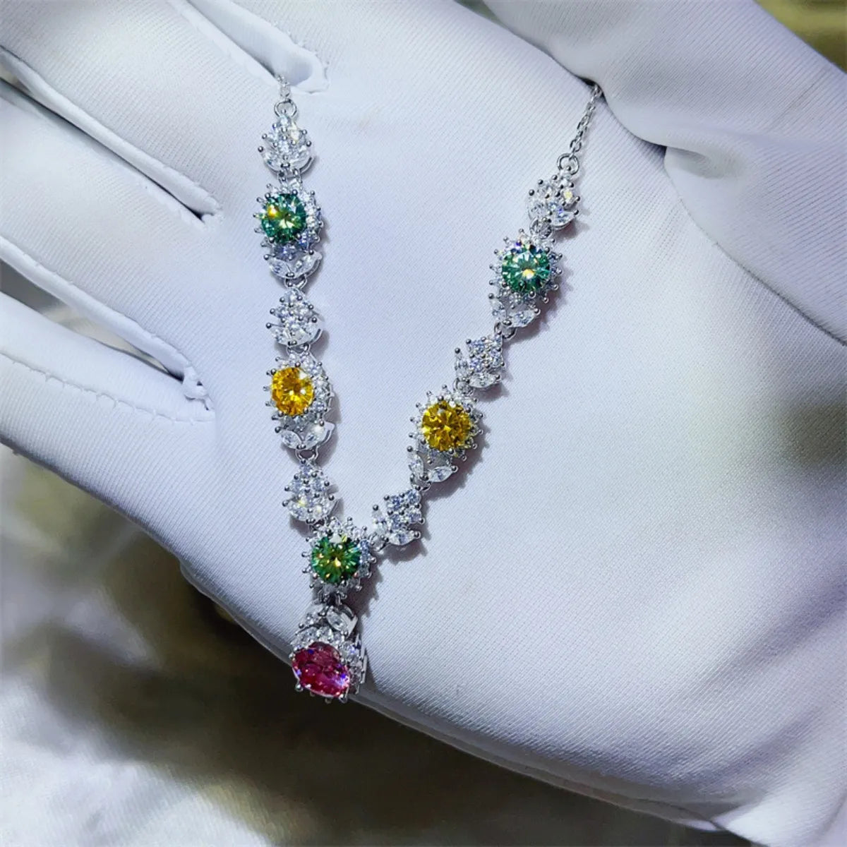 Sterling silver 3.5 carat moissanite necklace with a sparkling central gemstone, elegant and stylish jewelry design.