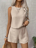 Shopimist round neck tank top and shorts two-piece set, casual summer outfit for women, featuring a comfortable sleeveless top and matching shorts.