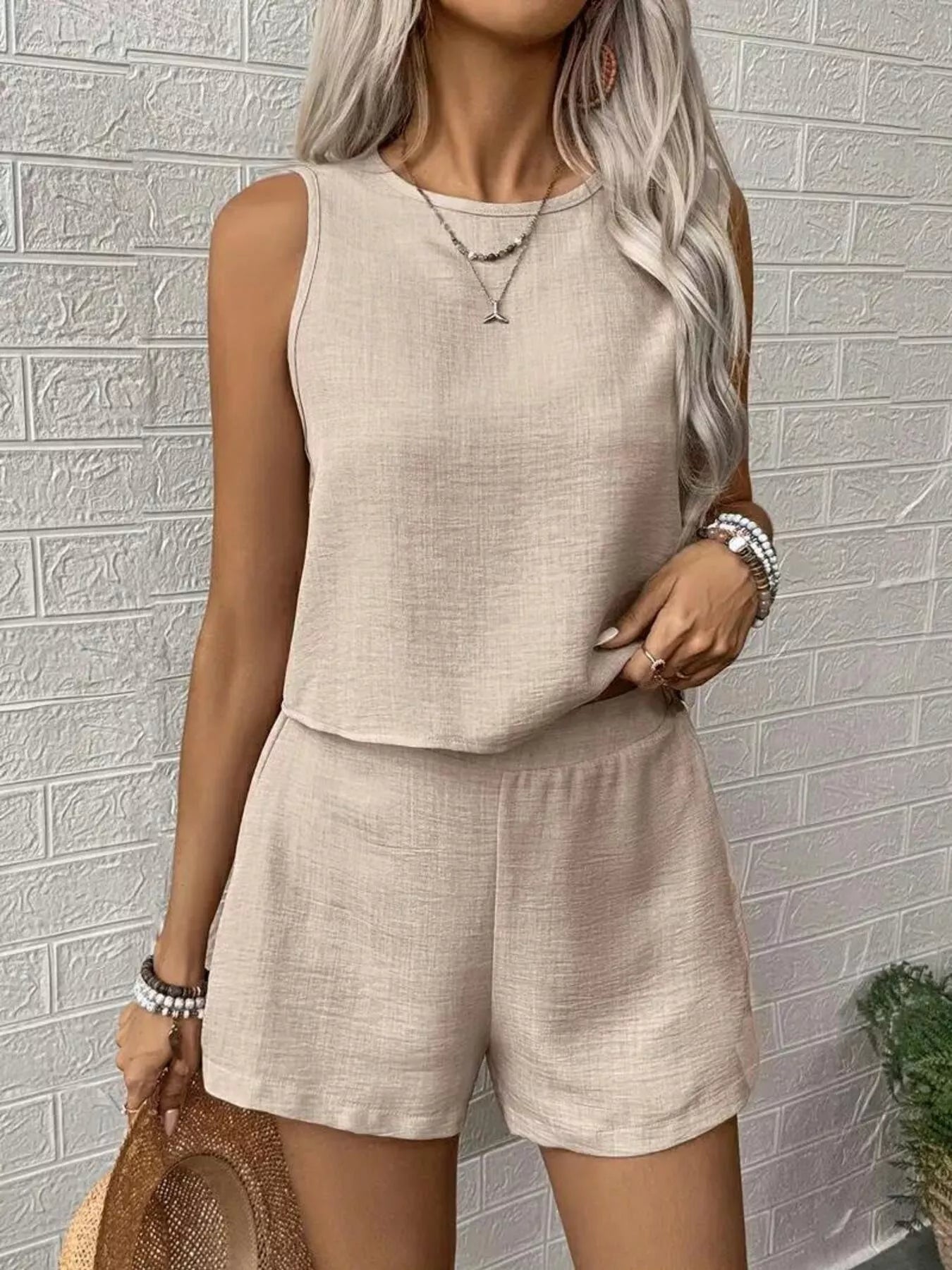 Shopimist round neck tank top and shorts two-piece set, casual summer outfit for women, featuring a comfortable sleeveless top and matching shorts.