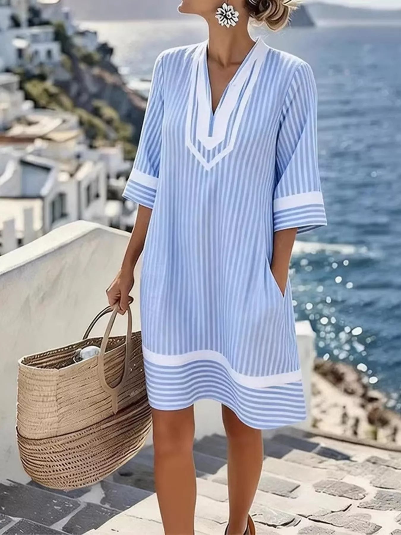 Plus size striped V-neck casual dress by Plush Fashion Hub, featuring a comfortable fit and stylish full-length design.