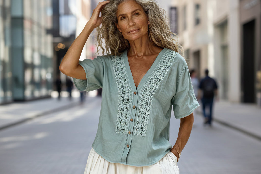 Women's loose-fit faux linen embroidered button-up top by FitiqueFit, casualwear with detailed embroidery and relaxed fit.