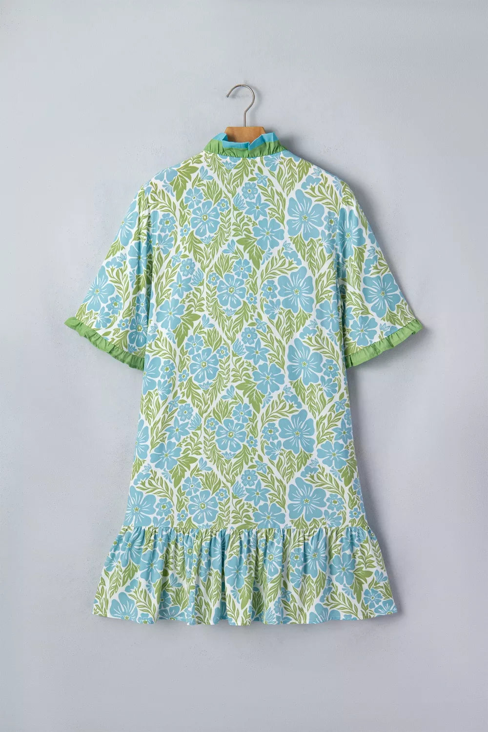 Floral print ruffle hem button-up mini dress from Plush Fashion Hub, featuring a fitted waist and short sleeves.