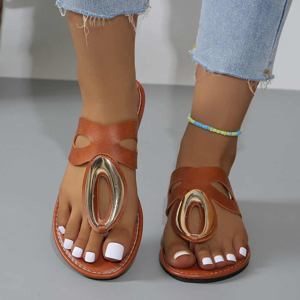 Women's open toe low heel sandal by Trendsi with gold accent detail, featuring a sleek design and stylish fit.