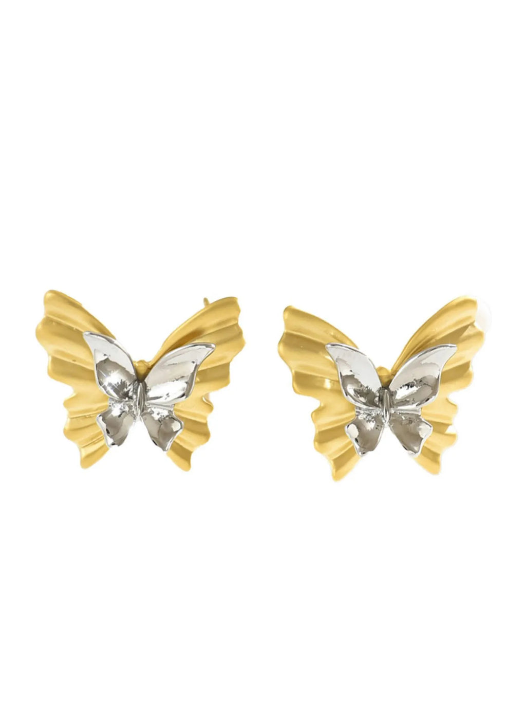 Two-tone stainless steel butterfly earrings with delicate wing design, stylish jewelry accessory for women