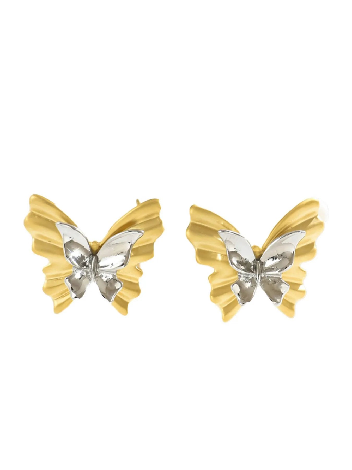 Two-tone stainless steel butterfly earrings with delicate wing design, stylish jewelry accessory for women