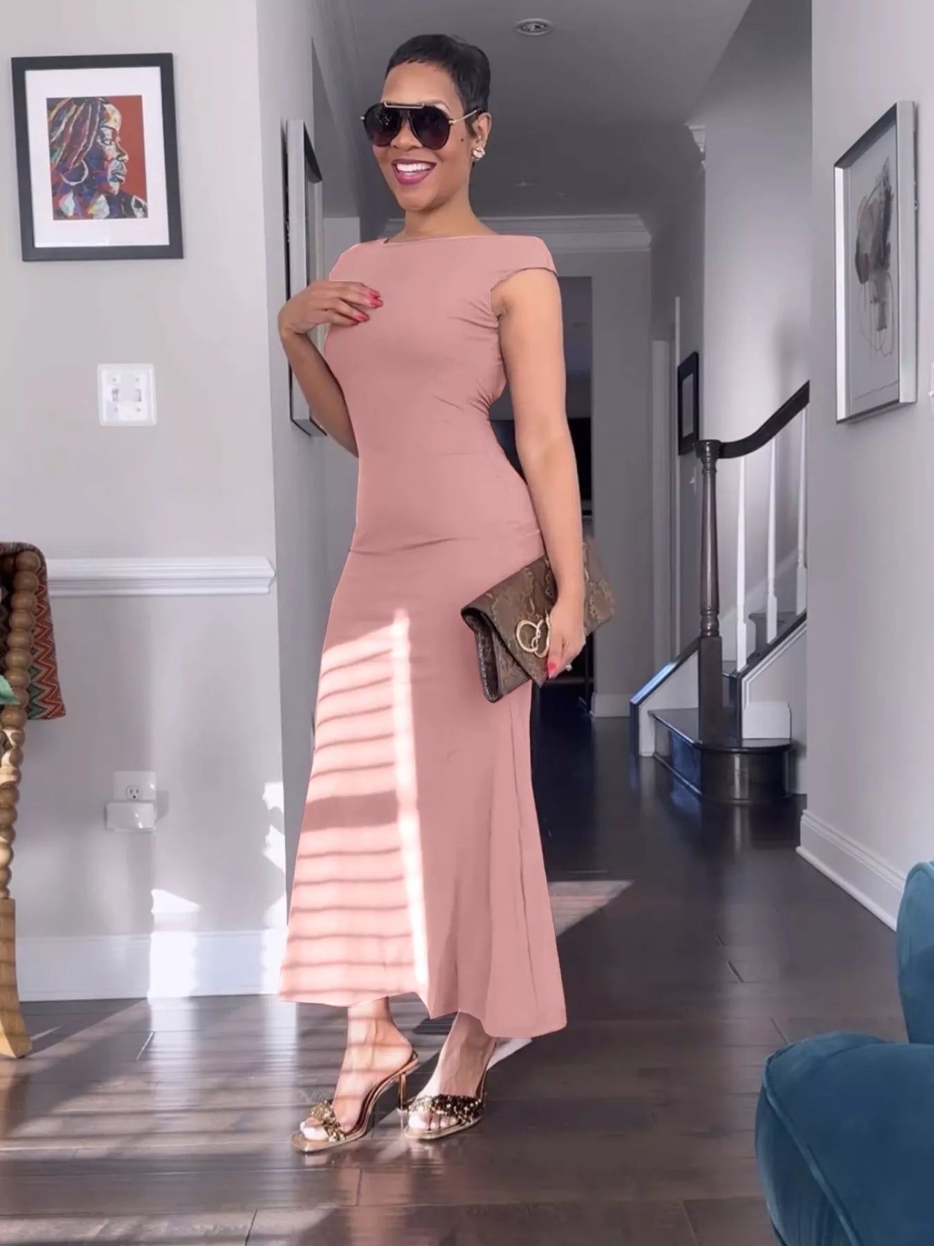 Plush Fashion Hub backless cap sleeve maxi dress in soft fabric, featuring a flowing silhouette and elegant design.