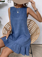 Women's ruffle lace-up mini dress by Plush Fashion Hub, short sleeve loose beach dress with ruffle details and lace-up front.