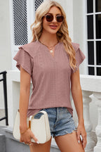 Eyelet notched flutter sleeve T-shirt from Trendsi featuring a casual top with flutter sleeves and eyelet details.