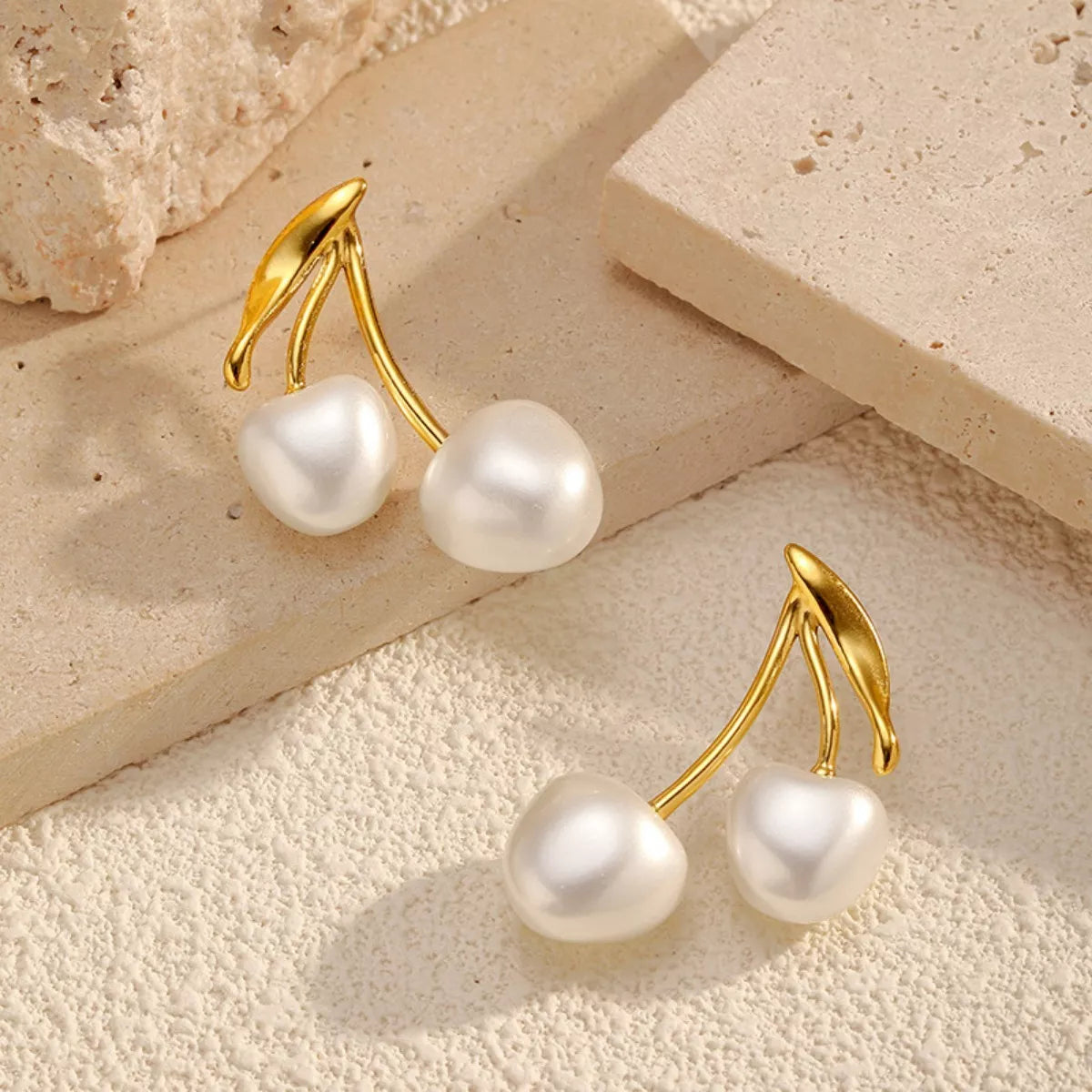 Pearl cherry drop earrings with dangling pearl and red cherry-shaped charm, stylish jewelry by Shopimist