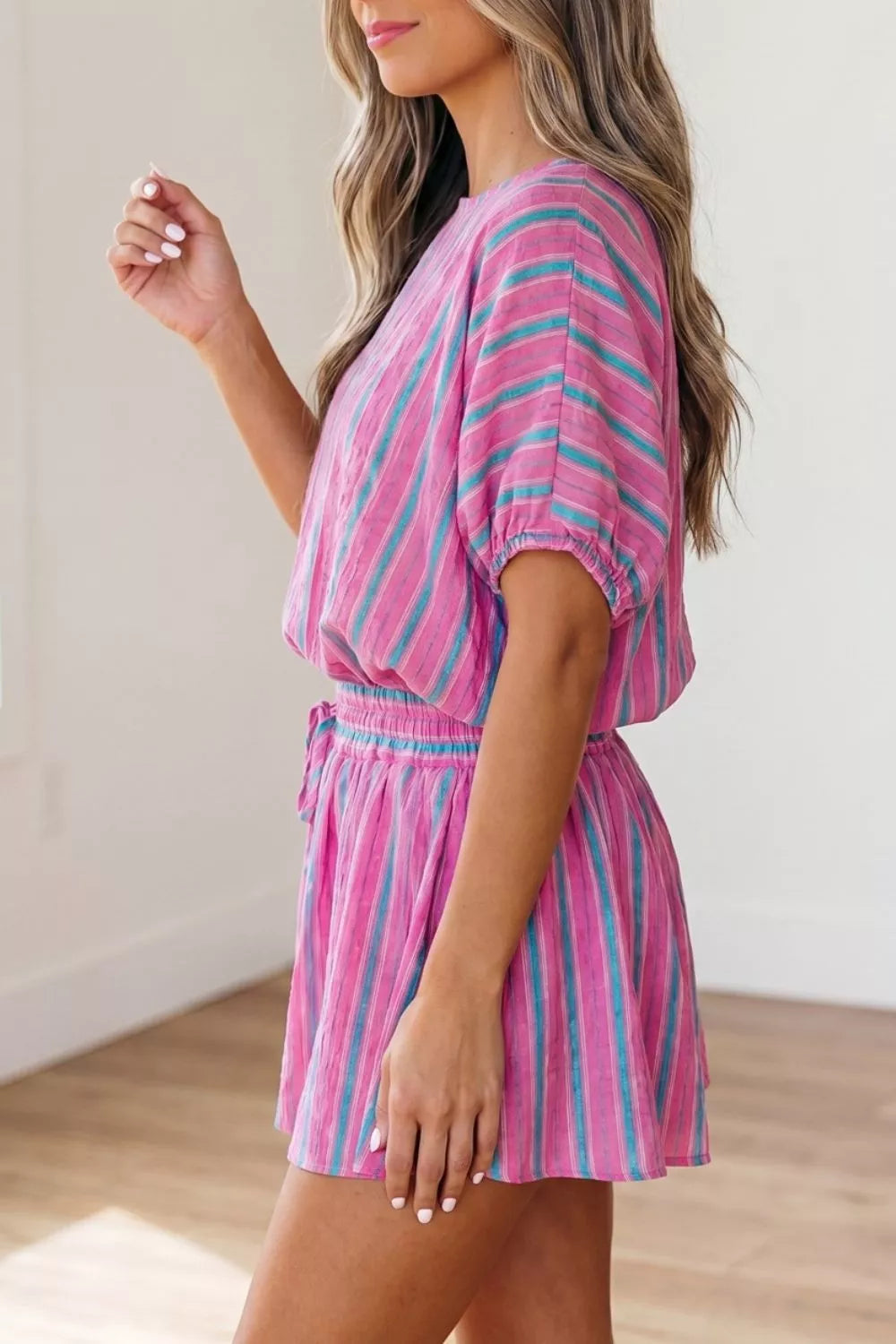 Stripe dolman short sleeve blouse with drawstring elastic waist, loose fit, from Shopimist, shown on a model in this image.
