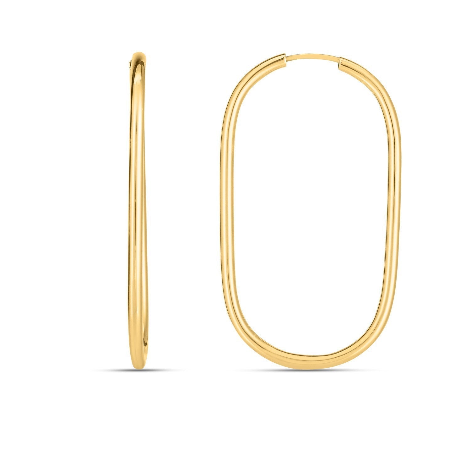 14k yellow gold endless large paperclip hoop earrings with a sleek, modern design, showcasing their shiny, polished finish.