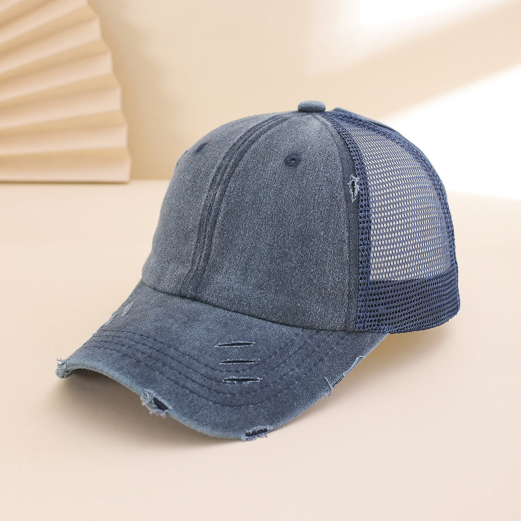 Distressed washed mesh baseball cap with frayed edges, unisex outdoor and daily wear hat by Plush Fashion Hub.