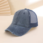 Distressed washed mesh baseball cap with frayed edges, unisex outdoor and daily wear hat by Plush Fashion Hub.