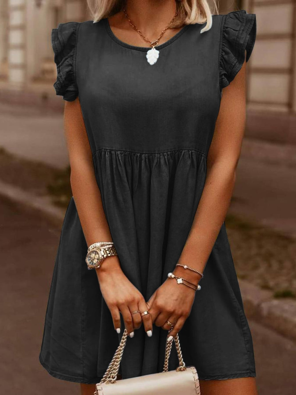 VYSN full size denim dress with ruffled round neck, cap sleeves, and casual fashion style displayed on a mannequin.