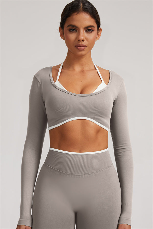 Fitglutes Activewear long sleeve crop top and leggings 2-piece set, stylish gymwear for workouts and activewear activities.