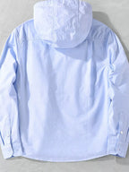 Men's plus size striped trim hooded casual shacket by Shopimist, featuring a relaxed fit with a striped design and hood.