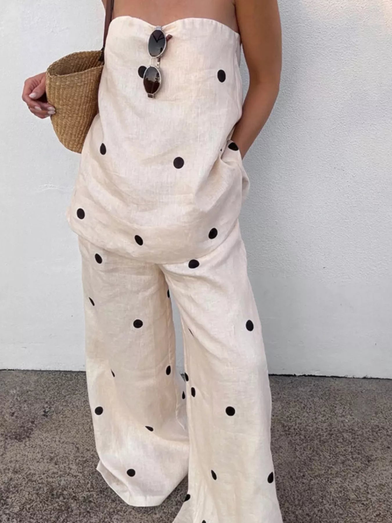 Polka dot tube top and pants set by Shopimist, featuring a stylish matching two-piece outfit with a fitted tube top and high-waisted pants.