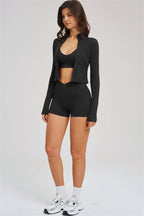 Fitglutes Activewear sports bra, zip jacket, and shorts 3-piece set for workout and gym activities in vibrant athletic style