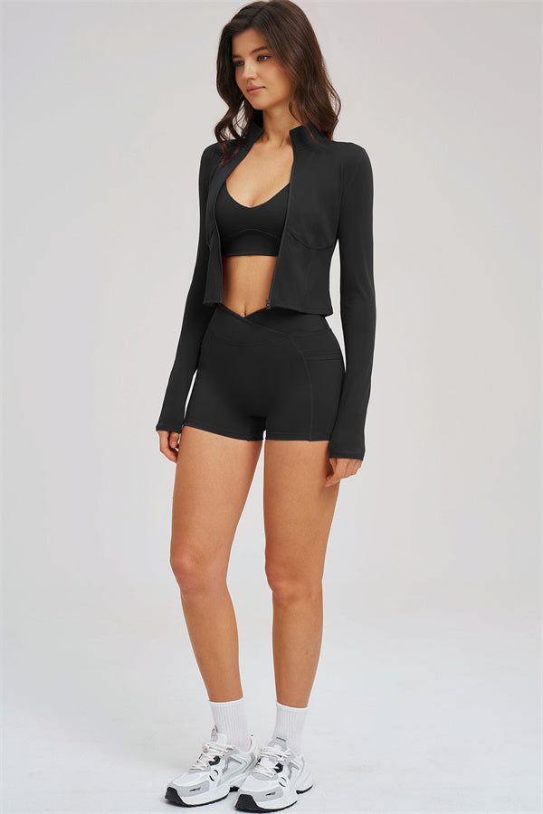 Fitglutes Activewear sports bra, zip jacket, and shorts 3-piece set for workout and gym activities in vibrant athletic style