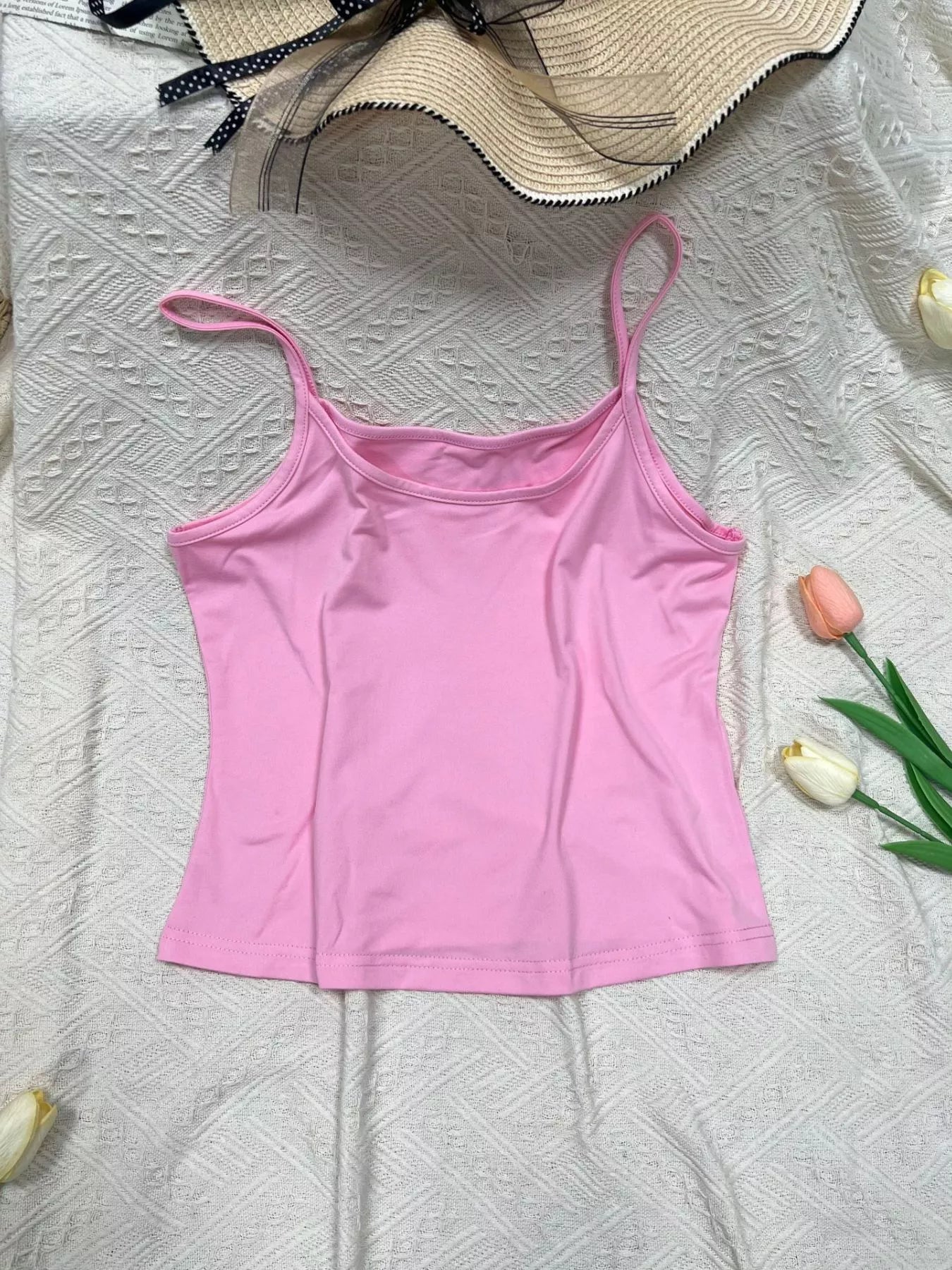 Solid color scoop neck cami tank top by Plush Fashion Hub, featuring a simple, sleeveless design with a scoop neckline.