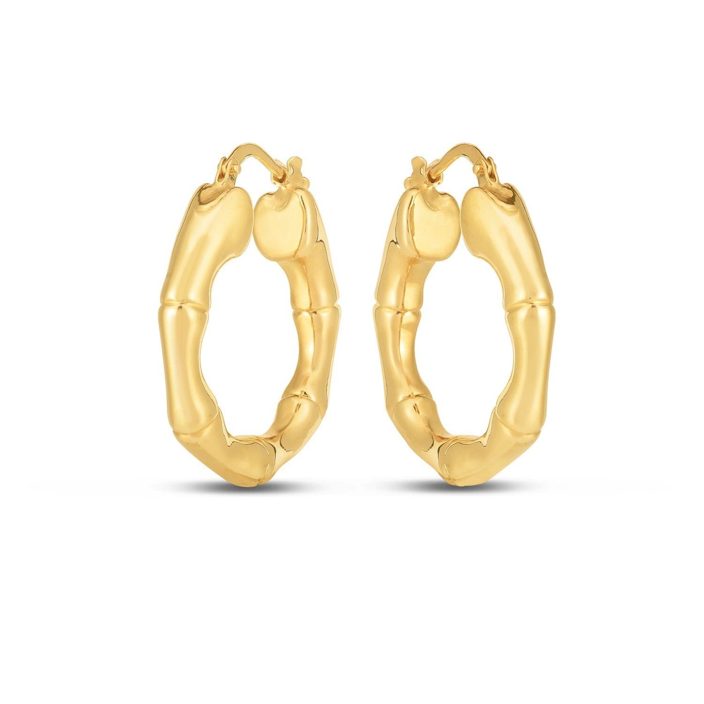 14k yellow gold medium bamboo hoop earrings with a sleek, modern design, perfect for stylish everyday wear