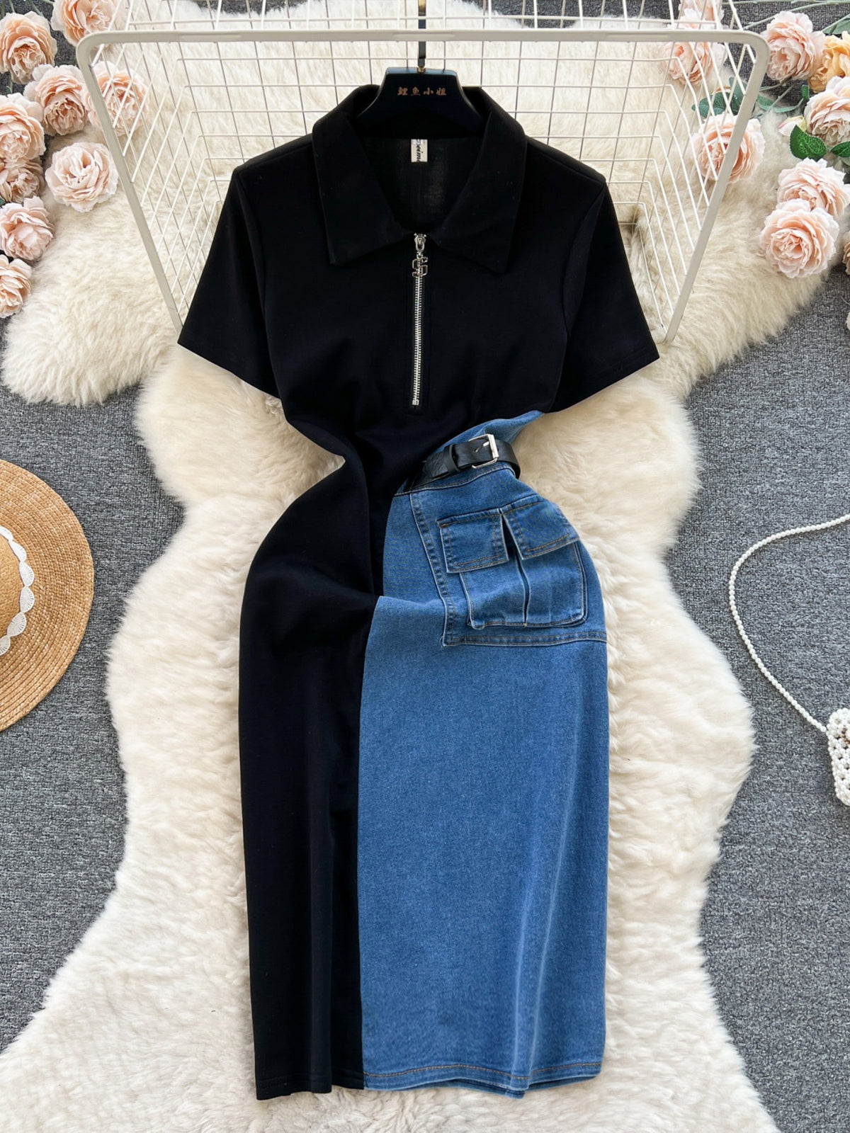 Color block denim patchwork midi dress from Plush Fashion Hub with front zipper and belt, featuring a stylish, casual design.