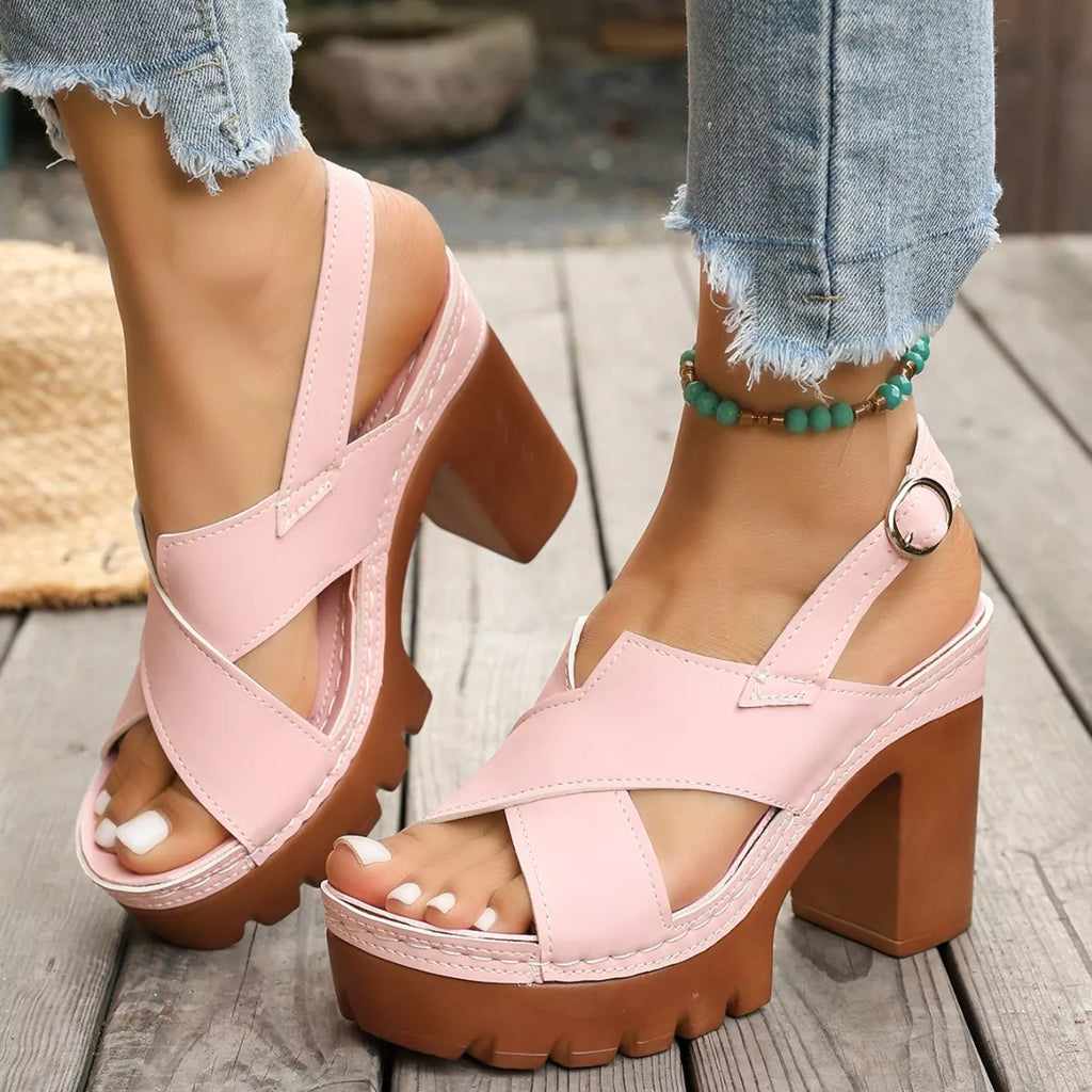 Open toe block heel sandals by Trendsi featuring a stylish design with a chunky heel and open toe for a trendy summer look.