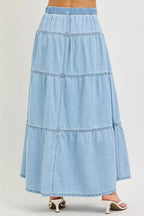 Plush Fashion Hub RISEN high-rise ruffle long skirt in flowy fabric with layered ruffle details, stylish and elegant for women.