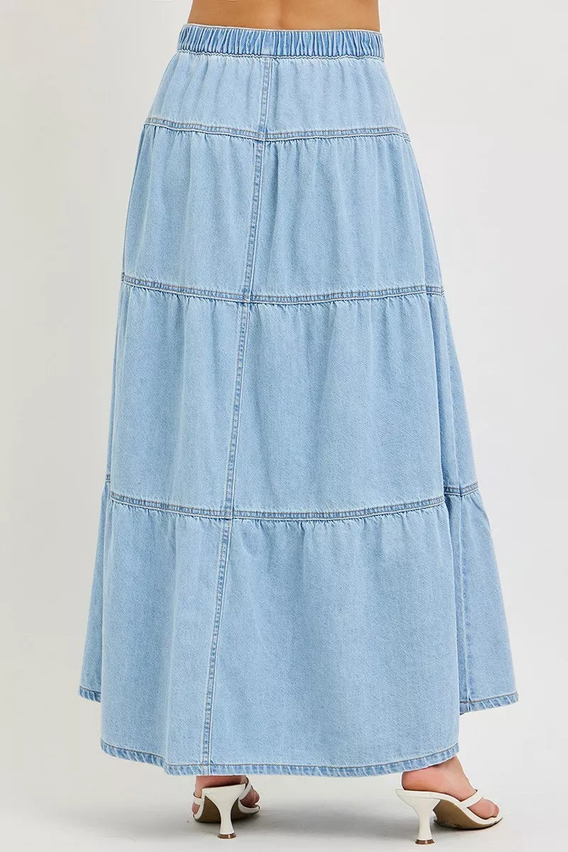 Plush Fashion Hub RISEN high-rise ruffle long skirt in flowy fabric with layered ruffle details, stylish and elegant for women.
