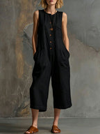 Retro sleeveless cotton-linen wide-leg cropped jumpsuit by Plush Fashion Hub, shown in a front view with wide-leg design and cropped length.