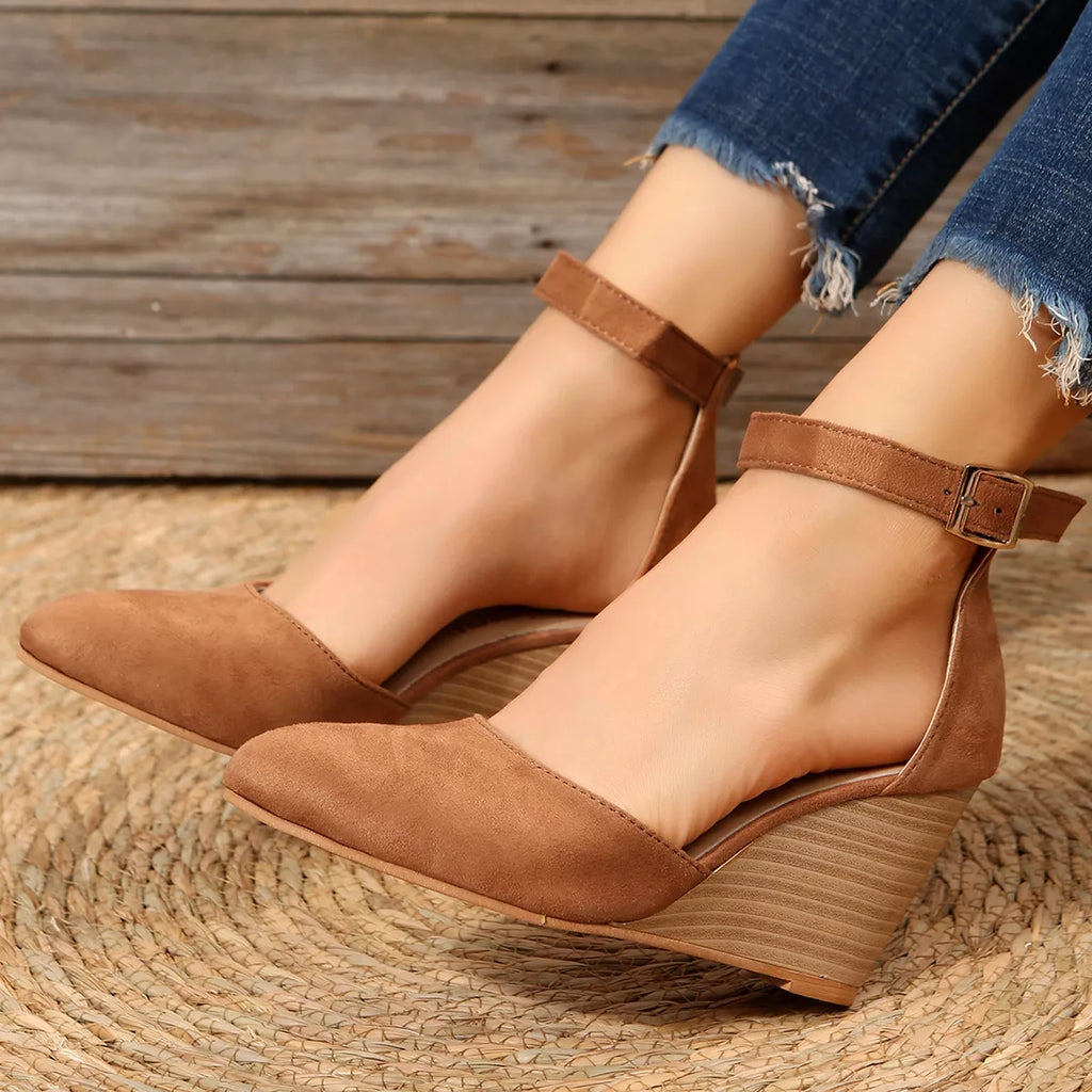 Shopimist point toe wedge sandals with sleek straps and a sturdy wedge heel, perfect for summer footwear.