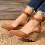 Shopimist point toe wedge sandals with sleek straps and a sturdy wedge heel, perfect for summer footwear.