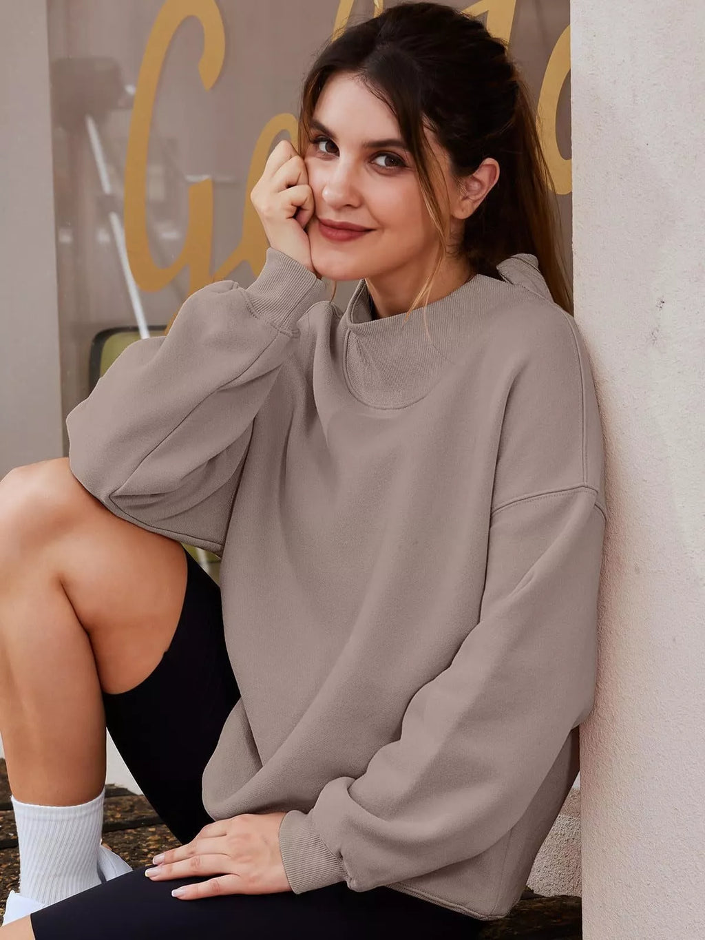 Women's oversized mock neck sweatshirt with dropped shoulders, casual fit, trendy pullover top by Trendsi.